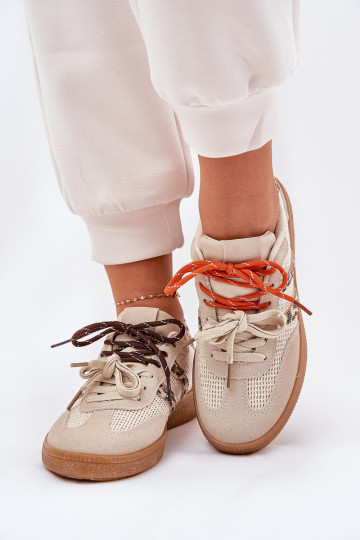 Sneakers model schoenen Dames met dubbele vetersluiting met luipaardprint zandkleur Ollabes