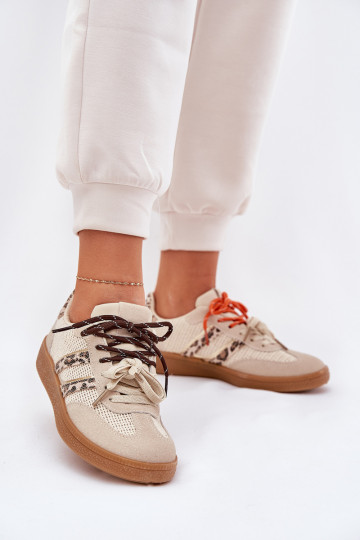 Sneakers model schoenen Dames met dubbele vetersluiting met luipaardprint zandkleur Ollabes 2
