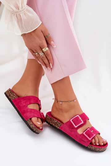 Dames slippers met gespen Op kurken zool roze met hartjes