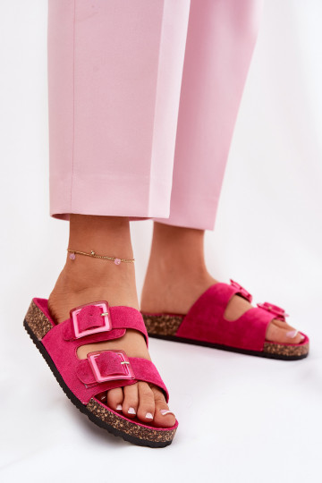 Dames slippers met gespen Op kurken zool roze met hartjes 2