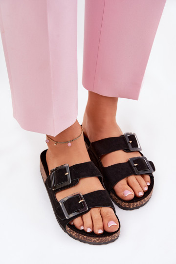 Dames slippers met gespen Op kurken zool zwart met hartjes