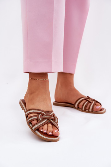 Slippers Dames plat met gekruiste banden bruin Acimine
