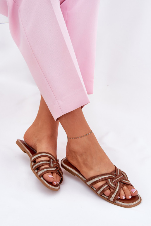 Slippers Dames plat Z Przeplatającymi Się Paskami bruine kleur Acimine Slippers Dames plat Z Przeplatającymi Się Paskami bruine kleur Acimine