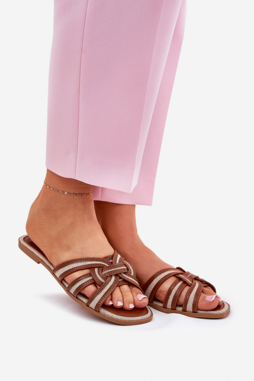 Slippers Dames plat Z Przeplatającymi Się Paskami bruine kleur Acimine Slippers Dames plat Z Przeplatającymi Się Paskami bruine kleur Acimine