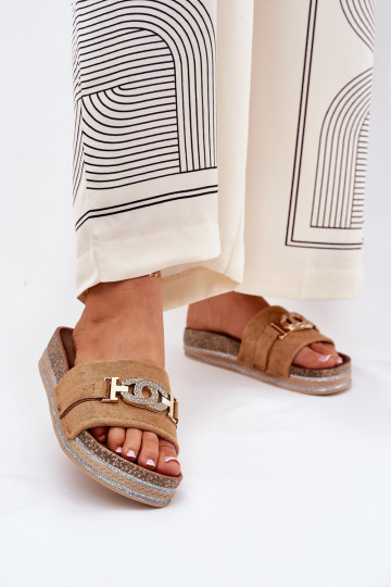 Damespantoffels Ze gouden kleurm Detalem met platform met glans bruine kleur Eanes