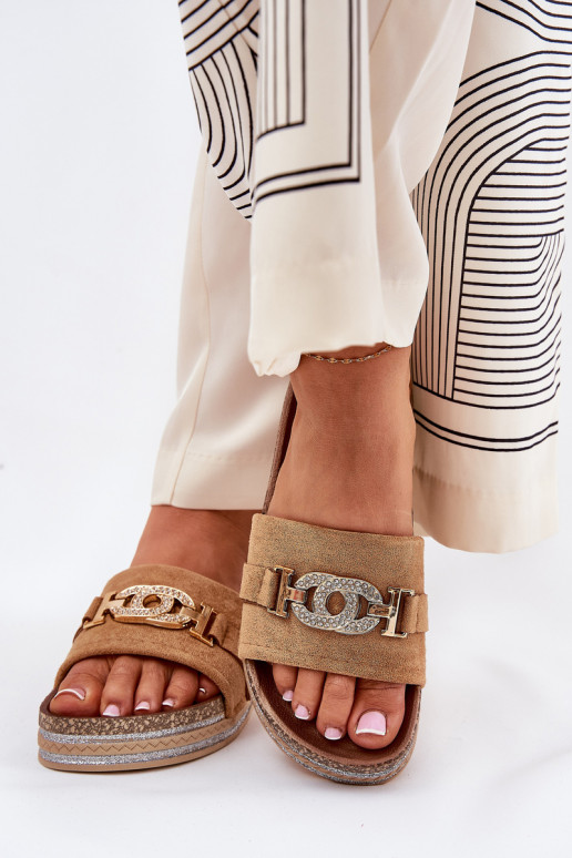 Damespantoffels Ze gouden kleurm Detalem met platform met glans bruine kleur Eanes Damespantoffels Ze gouden kleurm Detalem met platform met glans bruine kleur Eanes