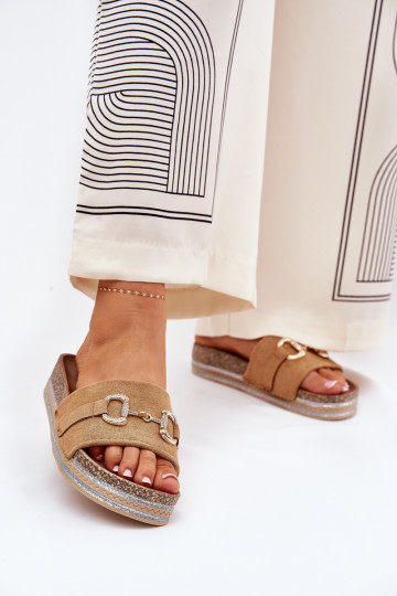 Dames slippers met plateau, gouden details en glitter in bruine kleur Morisela