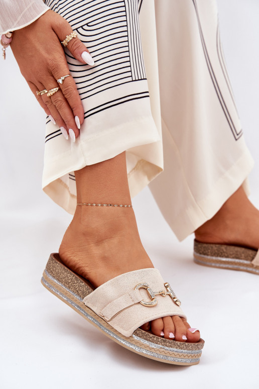 Damespantoffels met platform met gouden details En glitter beige Morisela Damespantoffels met platform met gouden details En glitter beige Morisela