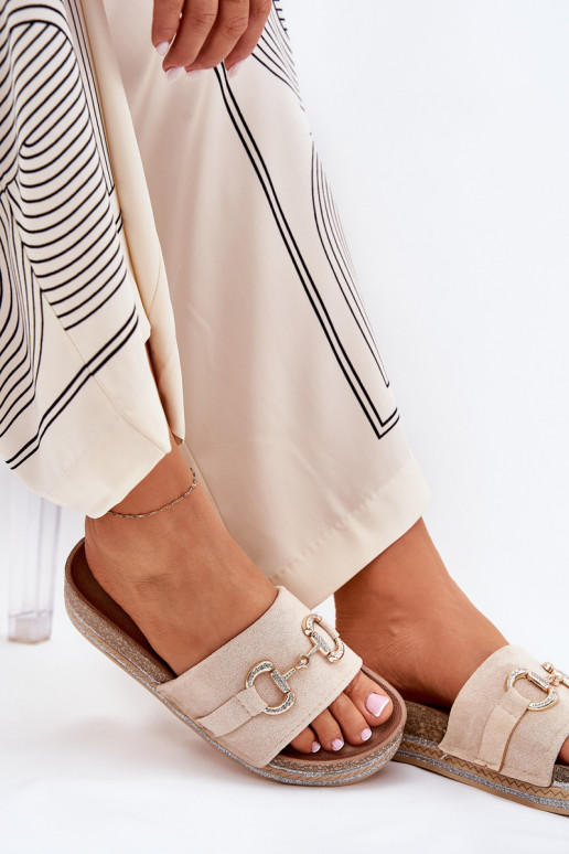 Damespantoffels met platform met gouden details En glitter beige Morisela Damespantoffels met platform met gouden details En glitter beige Morisela