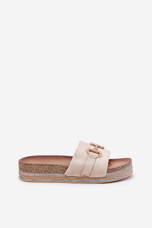 Damespantoffels met platform met gouden details En glitter beige Morisela Damespantoffels met platform met gouden details En glitter beige Morisela