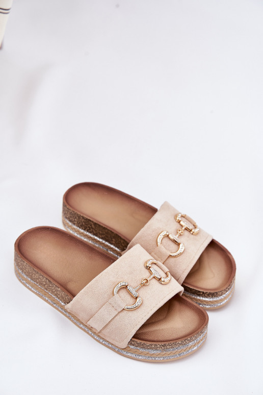 Damespantoffels met platform met gouden details En glitter beige Morisela Damespantoffels met platform met gouden details En glitter beige Morisela