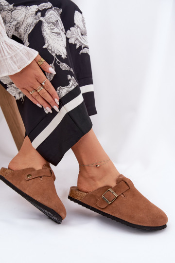 Suede pantoffels Klompen Dames met gespen Big Star RR274A387 bruine kleur