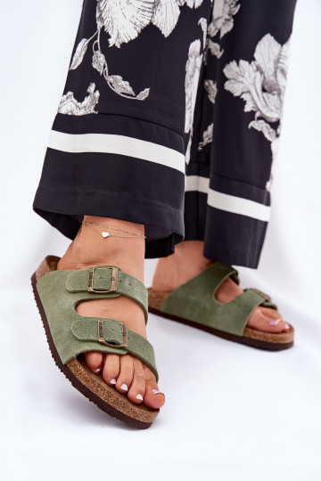 Dames groene suède slippers met gespen Big Star RR274A393 2