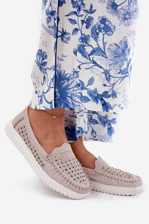 Leer dames mocassins met opengeInerkte elementen Vinceza 88028 beige