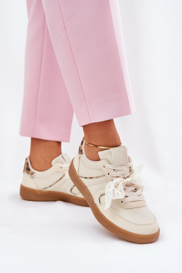 lage sneakers model schoenen dames met veters en luipaardprint zandkleurig Zielle