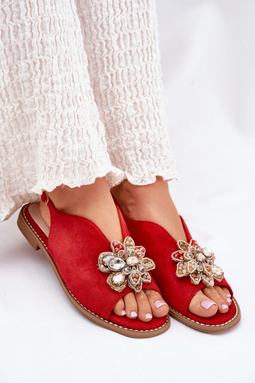 Dames sandalen met brede hakken met ornamenten S.Barski KV27-001 rood