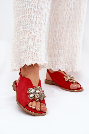 Dames sandalen met brede hakken met ornamenten S.Barski KV27-001 rood 2