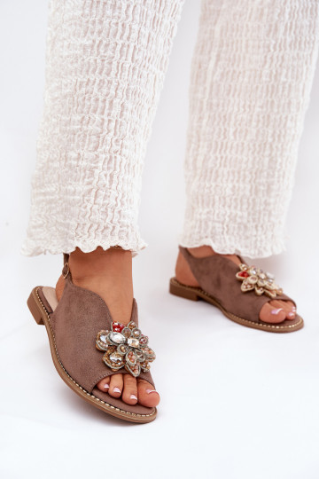 Dames sandalen met brede hakken met ornamenten S.Barski KV27-001 beige