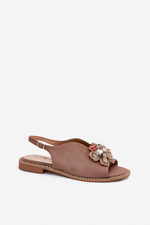 Dames sandalen met brede hakken met ornamenten S.Barski KV27-001 beige Dames sandalen met brede hakken met ornamenten S.Barski KV27-001 beige