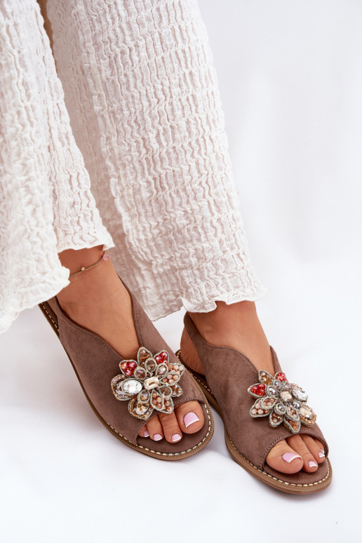 Dames sandalen met brede hakken met ornamenten S.Barski KV27-001 beige Dames sandalen met brede hakken met ornamenten S.Barski KV27-001 beige