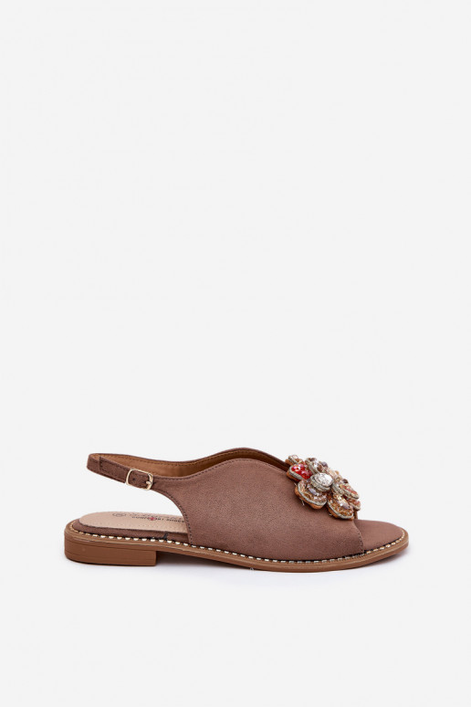 Dames sandalen met brede hakken met ornamenten S.Barski KV27-001 beige Dames sandalen met brede hakken met ornamenten S.Barski KV27-001 beige