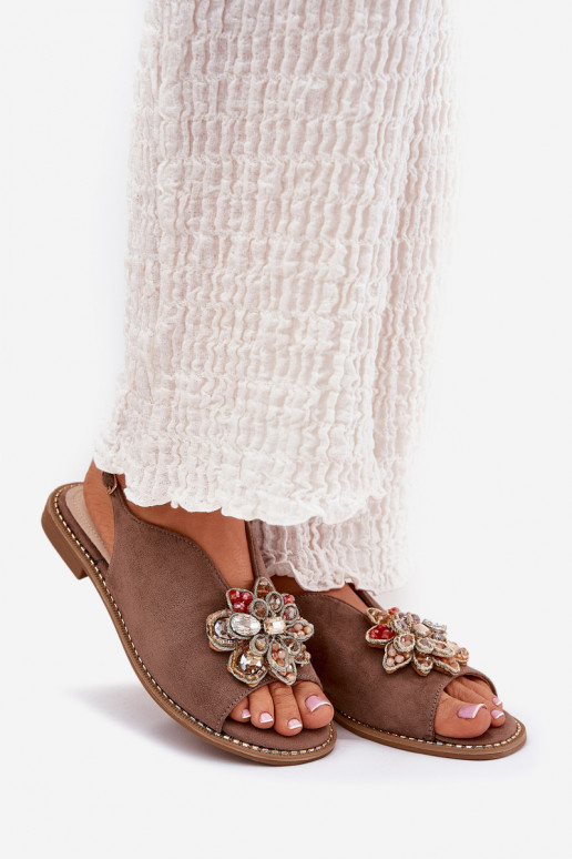 Dames sandalen met brede hakken met ornamenten S.Barski KV27-001 beige Dames sandalen met brede hakken met ornamenten S.Barski KV27-001 beige