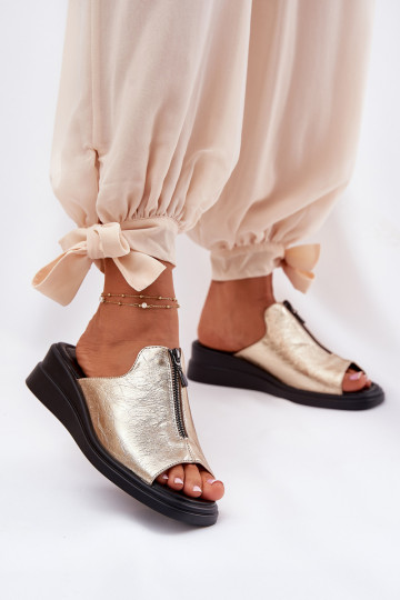 Dames slippers met hak en strikken gouden kleur