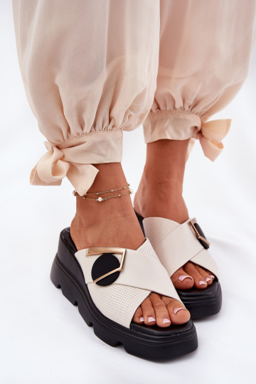 Elegante stijl Leren pantoffels Dames Op de INig met ornamenten Artiker 56C1585 beige