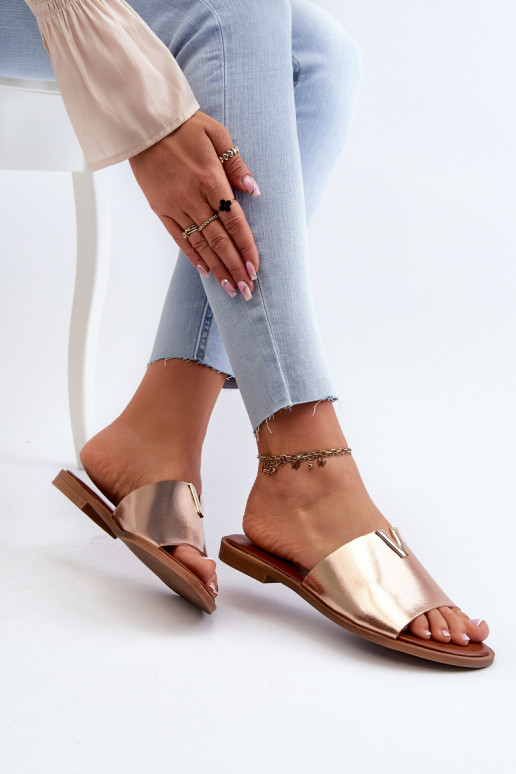 Damespantoffels Eko Leer met brede hakken gouden kleur Het heeftliha