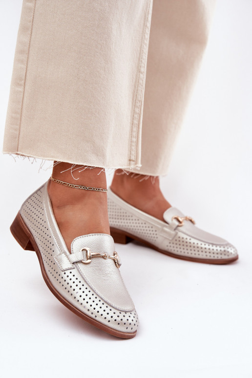 Leer dames mocassins met ornamenten met brede hakken S.Barski LR51-594 zilvere kleur