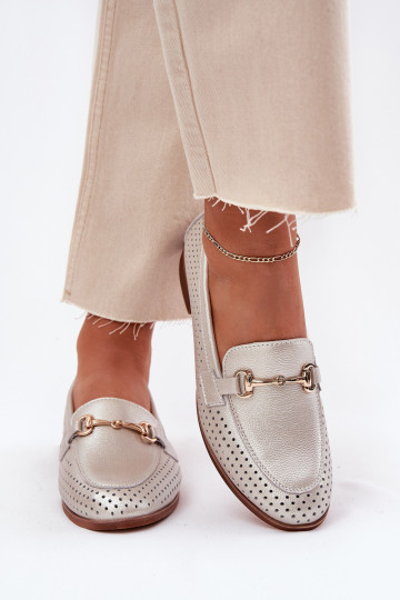 Leer dames mocassins met ornamenten met brede hakken S.Barski LR51-594 zilvere kleur 2