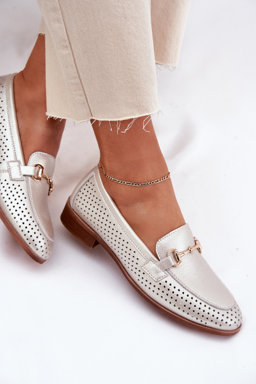 Leer dames mocassins met ornamenten met brede hakken S.Barski LR51-594 zilvere kleur