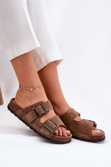 Suede pantoffels met gespen Dames Panto Fino RR267024 bruine kleur