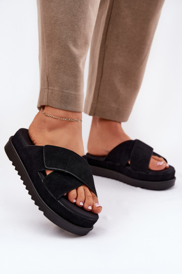 Dames slippers met platform en gekruiste bandjes, zwarte kleur, "Rinasara" 2