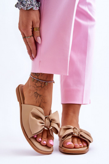Dames leren slippers met strikken, zandkleur, "Becky"