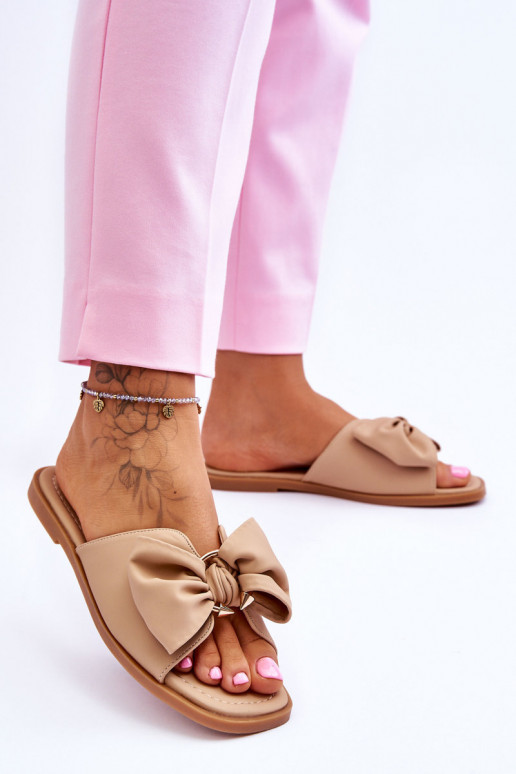 Dames Leren pantoffels met linten beige Becky Dames Leren pantoffels met linten beige Becky
