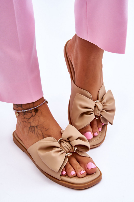 Dames Leren pantoffels met linten beige Becky Dames Leren pantoffels met linten beige Becky