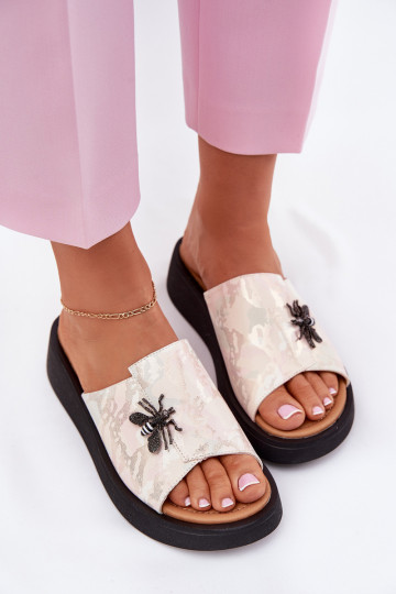 Leren pantoffels Dames Z Broszką Vinceza 66752 beige