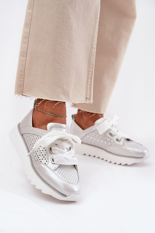 Leer Sneakers model schoenen Dames met platform D&A LR51-796 zilvere kleur