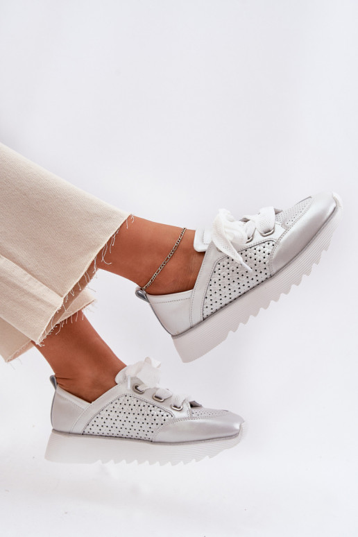Leer Sneakers model schoenen Dames met platform D&A LR51-796 zilvere kleur
