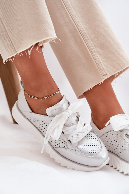 Leer Sneakers model schoenen Dames met platform D&A LR51-796 zilvere kleur