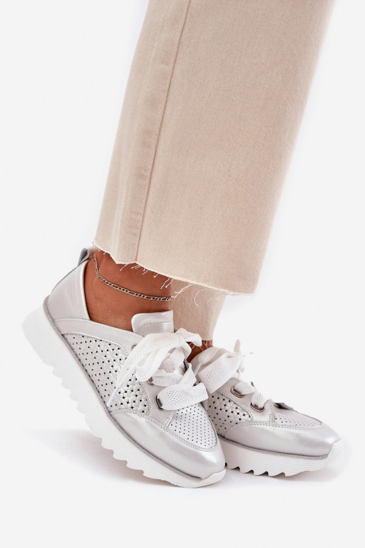 Leer Sneakers model schoenen Dames met platform D&A LR51-796 zilvere kleur