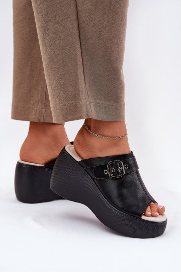 Leren pantoffels Dames met platform I Koturnie met gespen S.Barski LR51-542 zInart