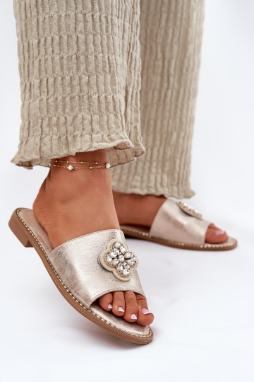Gouden kleur dames slippers met decoratieve details en brede hakken, S.Barski KV51-087 2