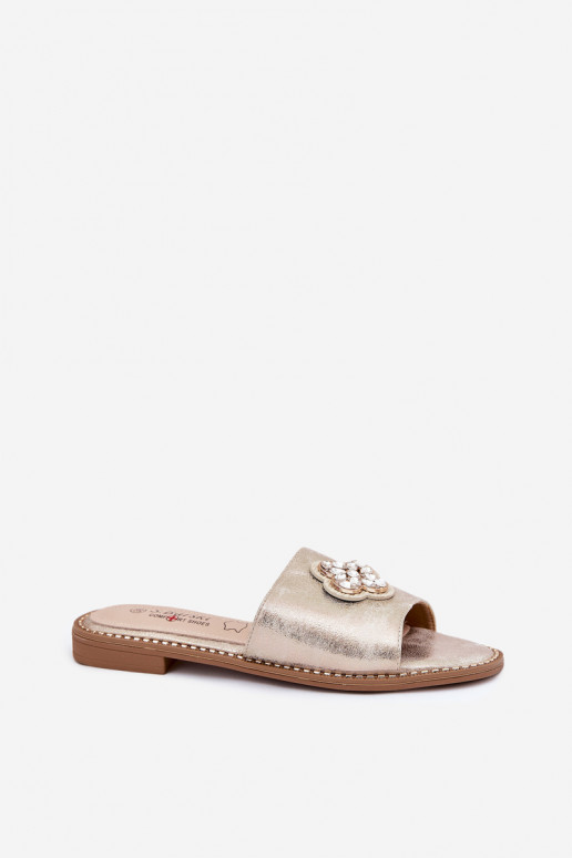 Damespantoffels met brede hakken Met sierlijk Detalem S.Barski KV51-087 gouden kleur Damespantoffels met brede hakken Met sierlijk Detalem S.Barski KV51-087 gouden kleur