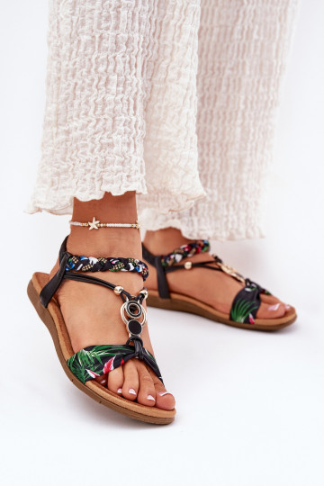Zwarte dames platte sandalen met vlechtwerk en decoratie, Artiker 56C1318 2
