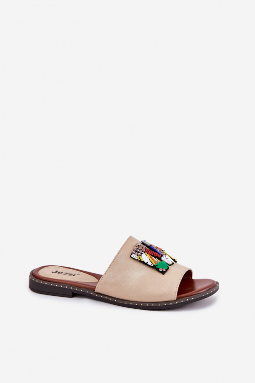 Damespantoffels met brede hakken met ornamenten gouden kleur Clelione Damespantoffels met brede hakken met ornamenten gouden kleur Clelione