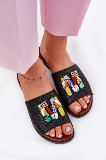 Zwarte dames slippers met brede hakken en ornamenten, "Clelione"