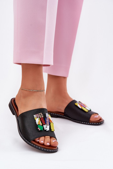 Zwarte dames slippers met brede hakken en ornamenten, "Clelione" 2