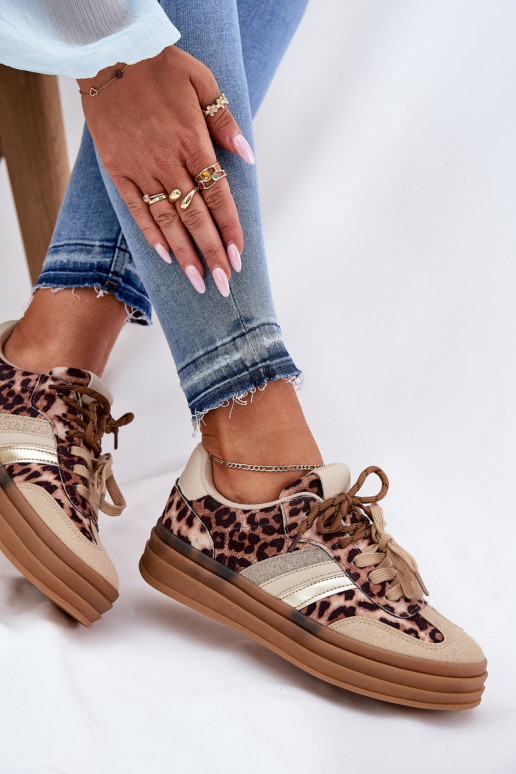 Sneakers model schoenen Dames met platform Z PodInójnym Vetersluitingm met luipaardbontpatronen beige Niteria